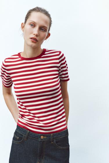 TOP PUNTO MANGA CORTA RAYAS - Crudo / Rojo de Zara