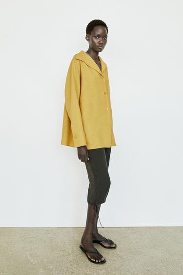 Zara Flowing linen blend shirt with statement collar - Mustard