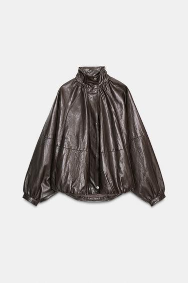 ZW COLLECTION LEATHER EFFECT BOMBER JACKET - Taupe grey by Zara