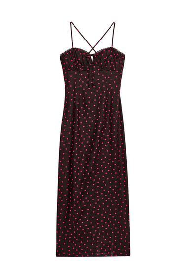 LINEN BLEND POLKA DOT MIDI DRESS - Brown by Zara