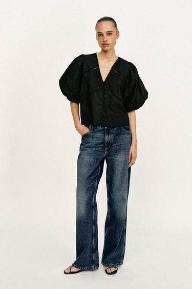 Zara Siyah - BALON KOLLU POPLİN TOP