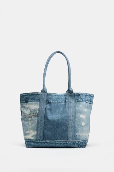 Zara DENIM EFFECT SHOPPER BAG - Denim Blue