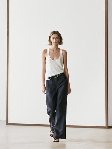 Zara Wide-leg pinstripe linen trousers - Dusty blue - Image 0