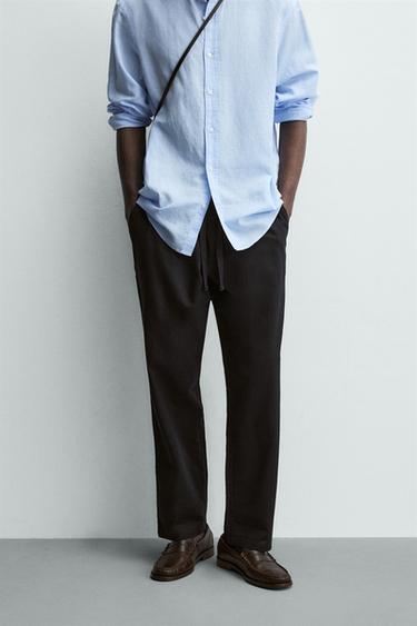 Zara RELAXED FIT COTTON - LINEN PANTS - Black