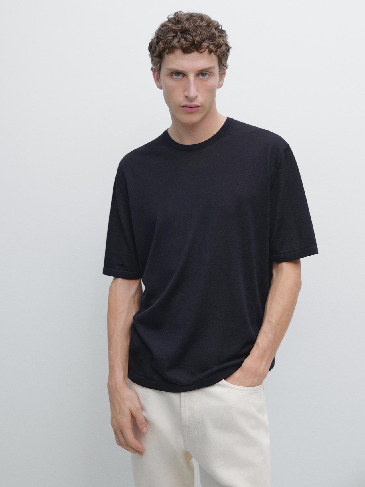 Wool-blend short-sleeve knit sweater — Navy blue