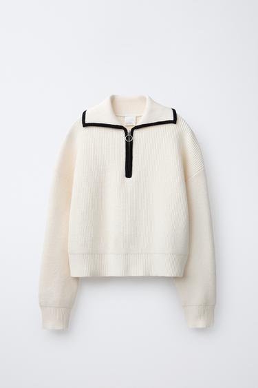 Zara CONTRAST KNIT SWEATER - Ecru
