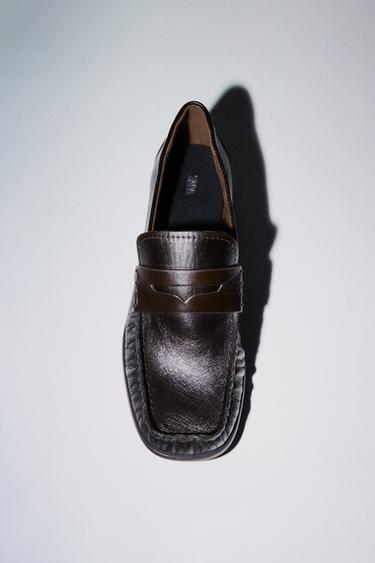 LEATHER LOAFERS WITH SQUARE TOE - Chocolate Brown by Zara