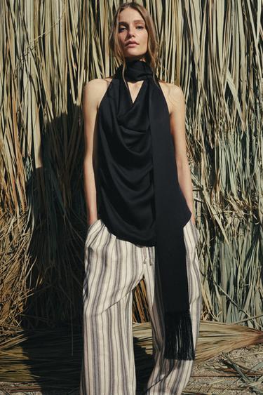 ZW COLLECTION HALTER SCARF TOP WITH FRINGING - Black by Zara