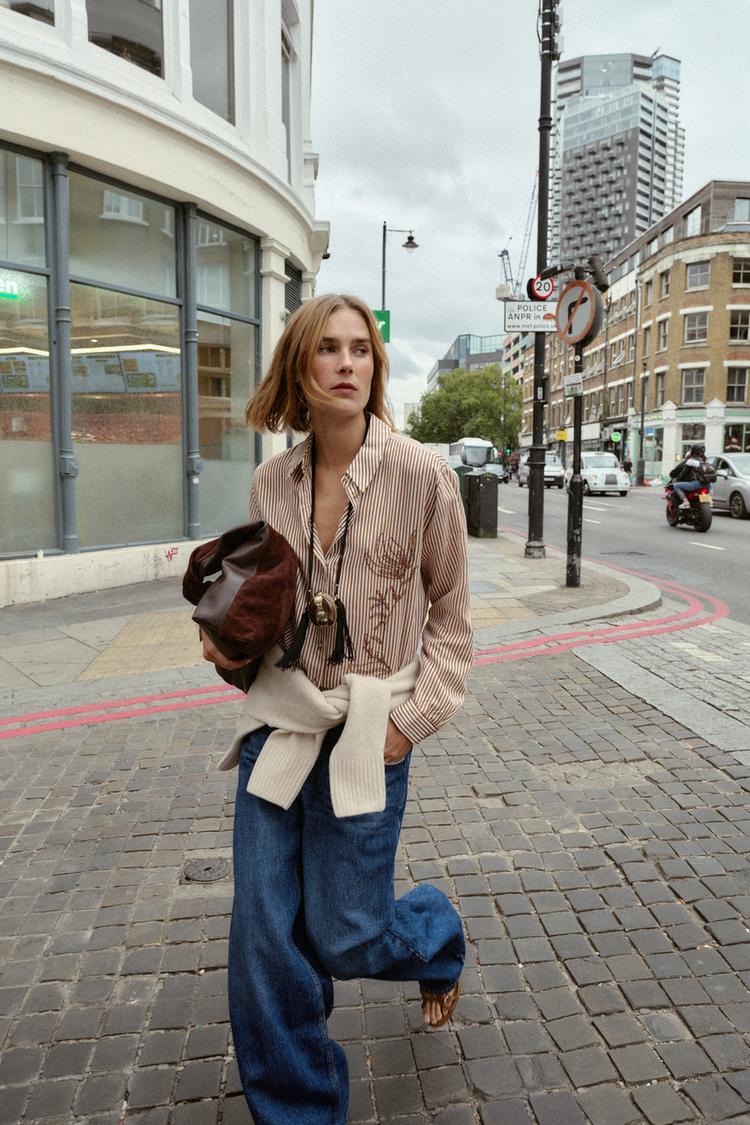 CAMICIA A RIGHE CON RICAMO E PERLINE Marrone Ecrù ZARA