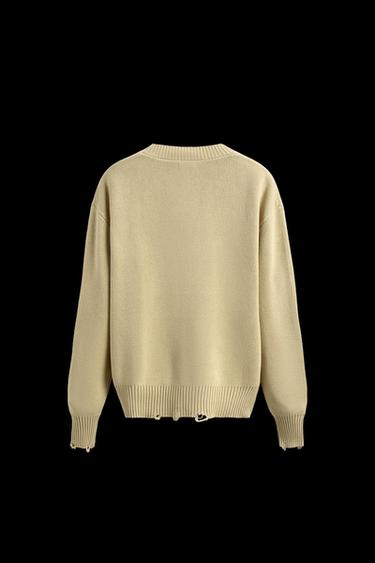 Zara DISTRESSED RIBBED CARDIGAN - Vanilla