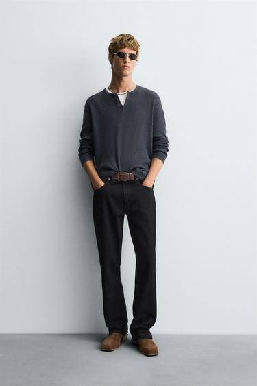 Zara WASHED BUTTON NECK SWEATER - Indigo