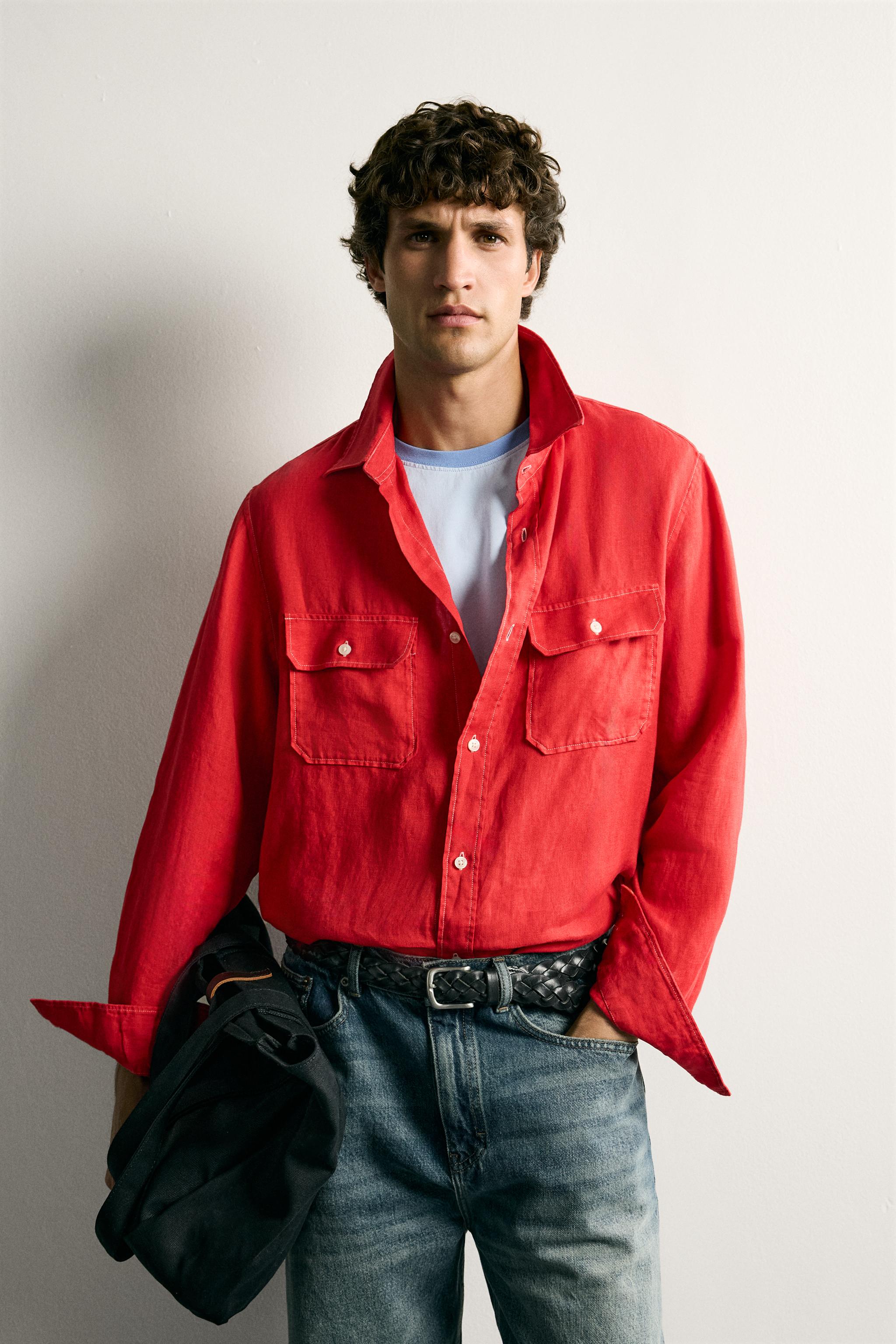 100% LINEN REGULAR FIT OVERSHIRT — Red