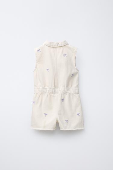EMBROIDERED TWILL PLAYSUIT WITH BOWS - Ecru by Zara - Image 1