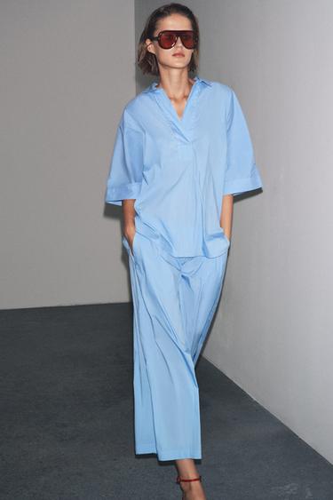 Zara ZW COLLECTION POPLIN PLEATED PANTS - Blue