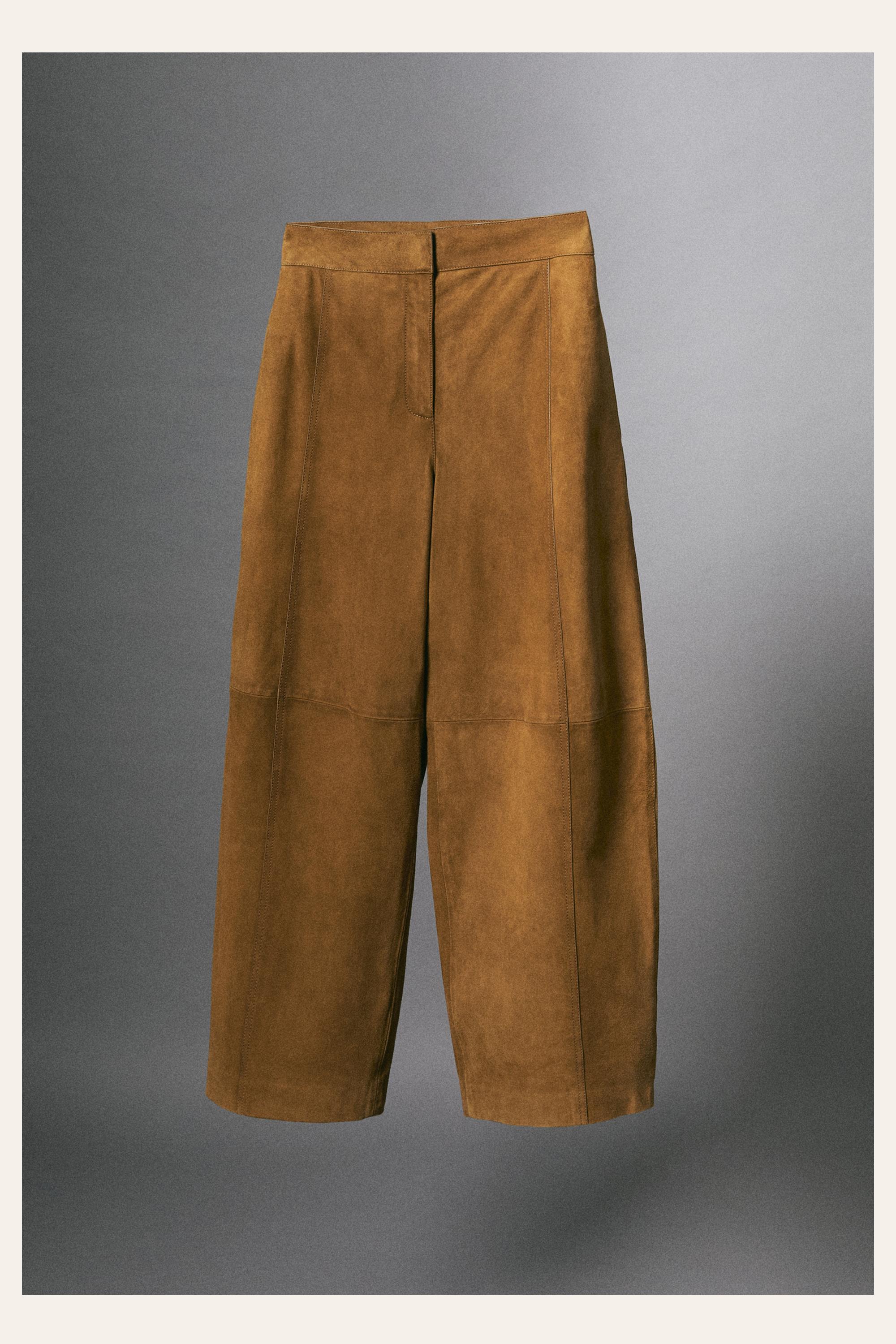 Suede goatskin barrel fit pants — Dark camel