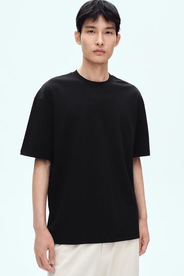 Zara 寬鬆版雙面織紋棉質T恤 - 黑色