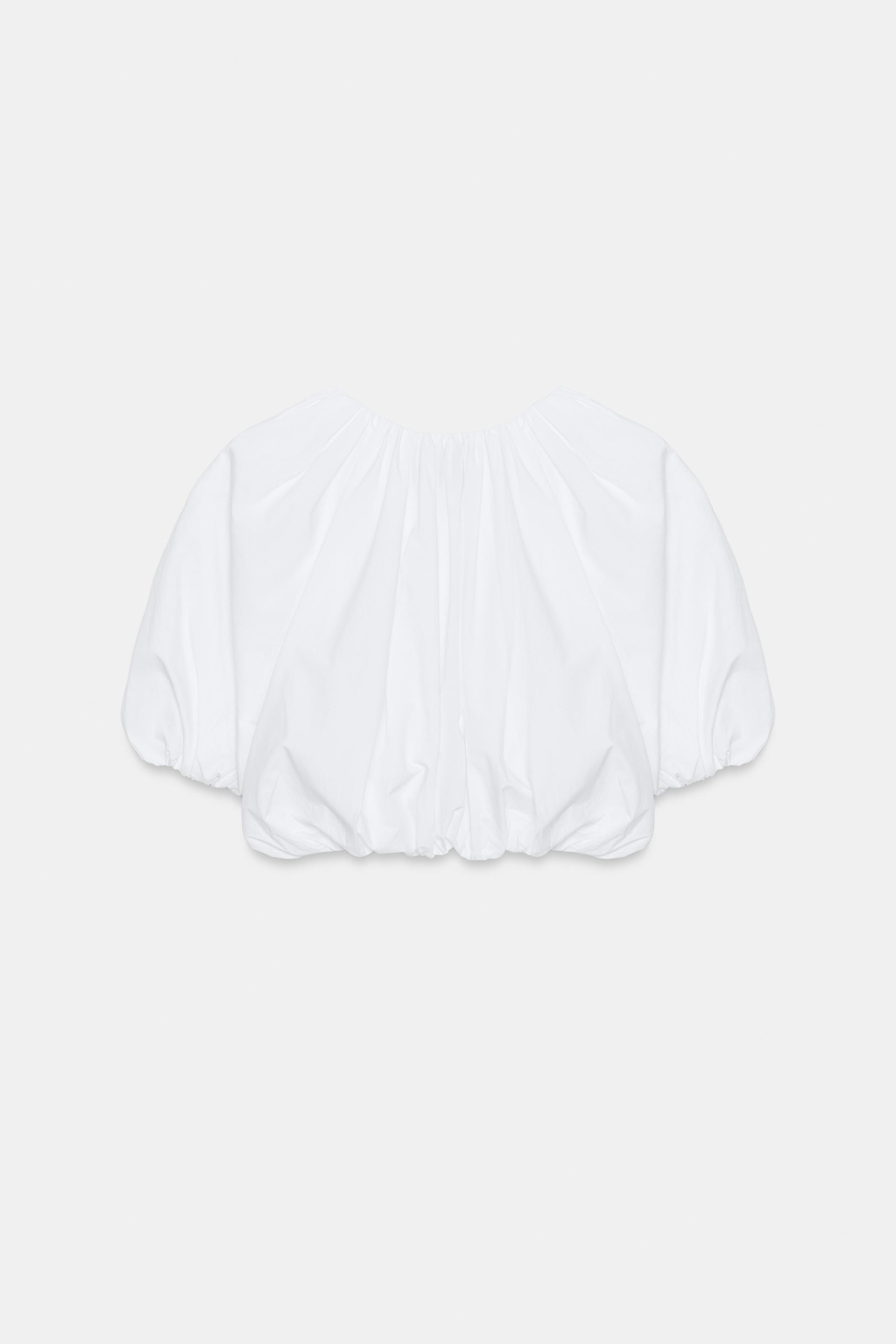 PUFF SLEEVE POPLIN CROP TOP — White