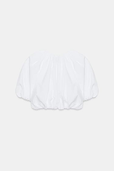 PUFF SLEEVE POPLIN CROP TOP - White by Zara - Image 4