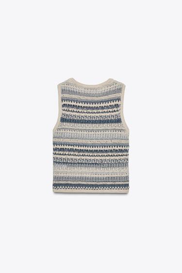 STRIPED TEXTURED KNIT SLEEVELESS TOP - Sand / Blue by Zara - Image 1