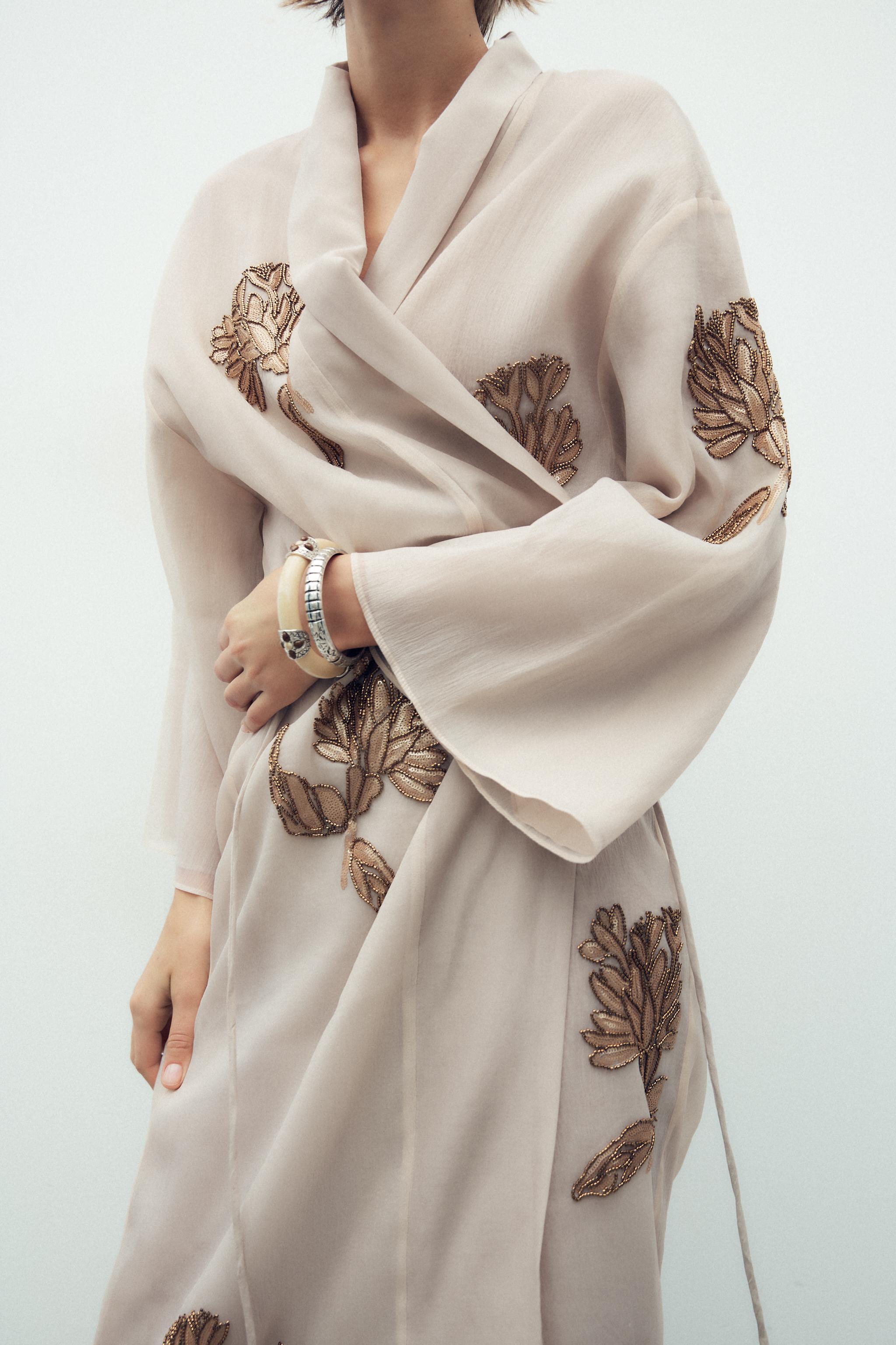 SILK KIMONO WITH EMBROIDERY AND BEADS - Sand | ZARA United