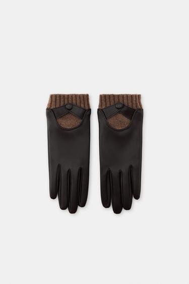 LEATHER EFFECT GLOVES WITH WOOL - Brown by Zara