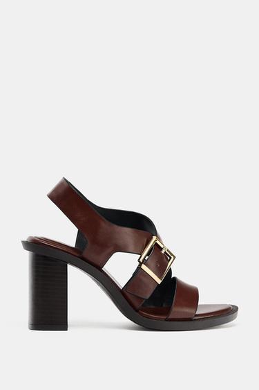 Zara LEATHER BUCKLE HEELED SANDALS - Brown