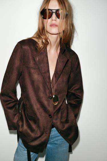 FAUX SUEDE JACKET WITH BELT - Dark brown by Zara