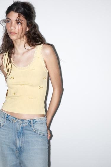 RIBBED TOP WITH LACE AND TIE DETAIL - Yellow by Zara - Image 1