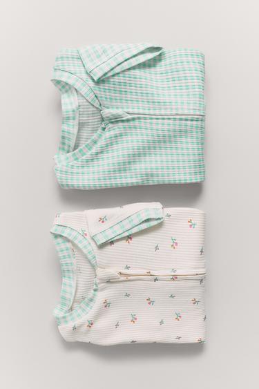 TWO-PACK OF GINGHAM CHECK AND FLOWER ALL-IN-ONE SLEEPSUITS - Ecru by Zara