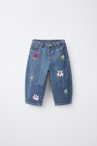 ג'ינס BARREL עם רקמת פרחים - כחול של Zara - תמונה 0