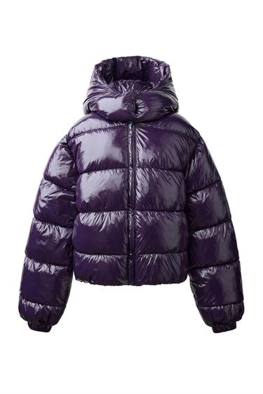 Zara GLOSSY HOODED PUFFER JACKET - Dark purple