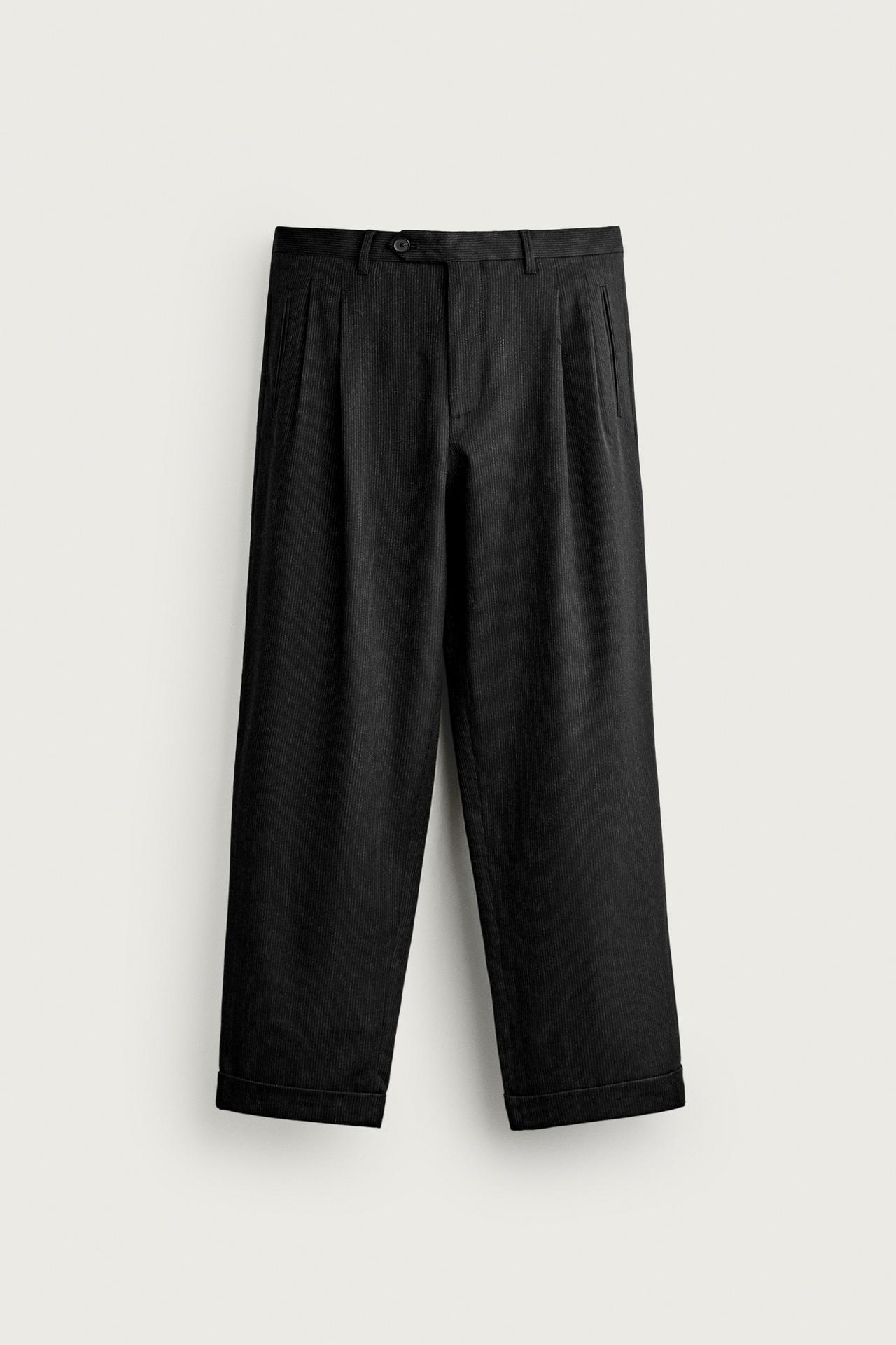 RELAXED FIT STRIPED SUIT PANTS — Black