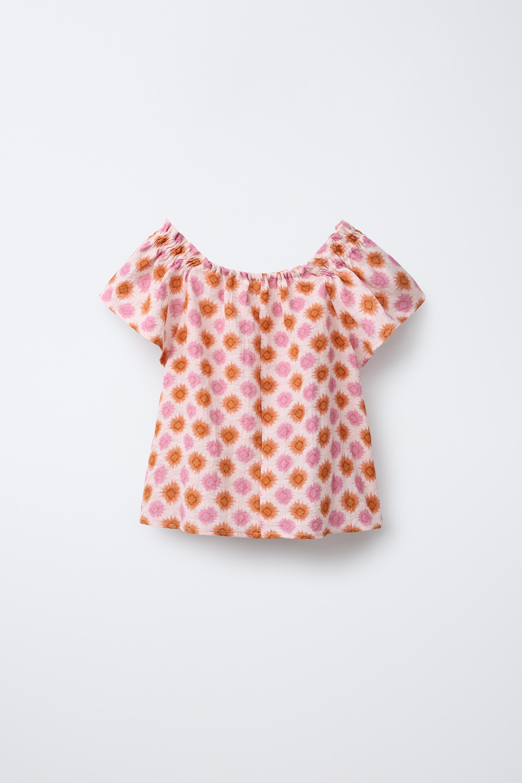 ANS DOTSLOEVNER Shoulder Tops Pink タグ付き SUN PRINT TOP - Pink | ZARA United States