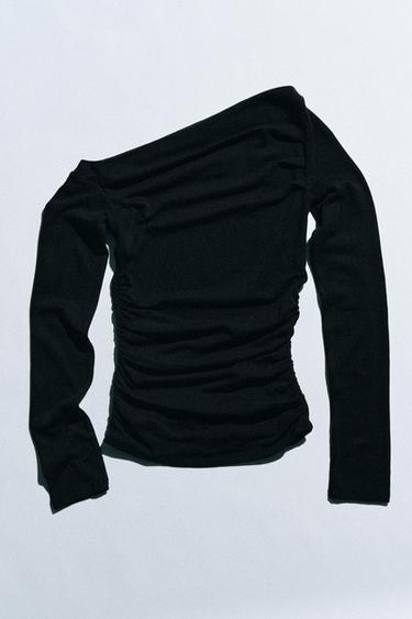 ASYMMETRICAL DRAPED TOP — Black 1
