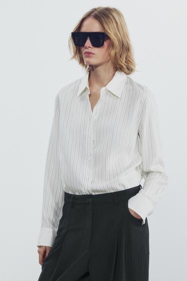 ZW COLLECTION 100% SILK STRIPED SHIRT - Ecru / Black by Zara