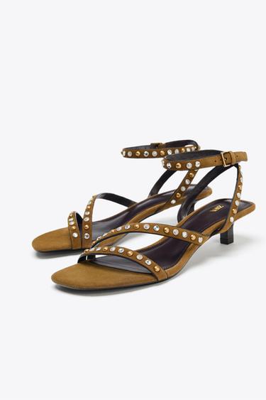 SPLIT SUEDE STUDDED KITTEN HEEL SANDALS - Olive Green by Zara - Image 2