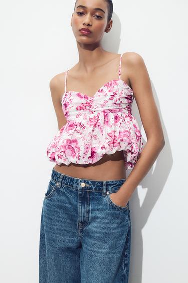 TOP IMPRIMÉ BRODÉ AJOURÉ - Rose / Blanc de Zara