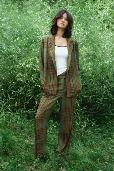 Zara ZW COLLECTION 格紋合身喇叭九分褲 - 綠色 - 圖片 0