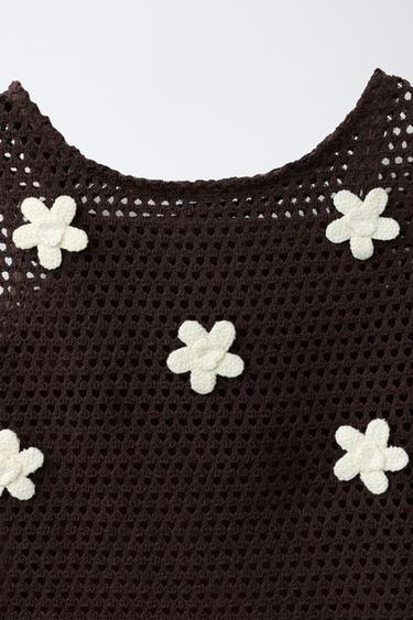 FLORAL CROCHET KNIT TOP - Brown by Zara - Image 2