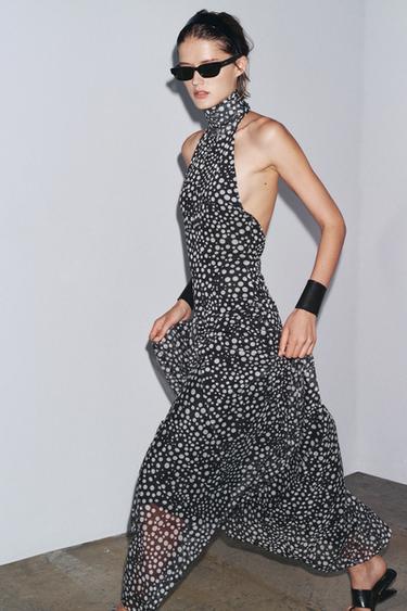 Zara POLKA DOT HALTER DRESS - Black / White