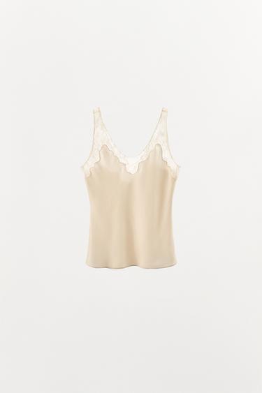 KONTRASTERENDE STROPBLUSE - knæk. hvid fra Zara