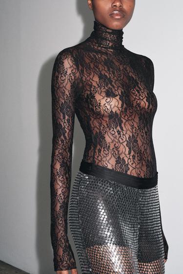 LACE BODYSUIT WITH LONG SLEEVES - Black by Zara