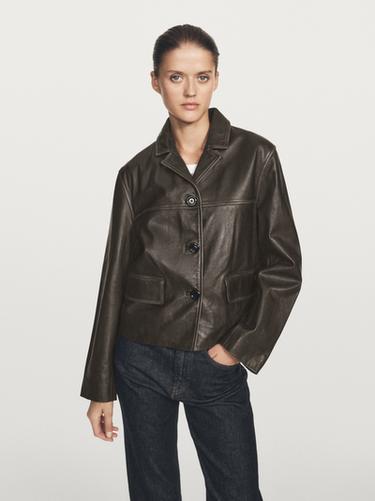 Chaqueta solapa piel napa - Verde de Zara