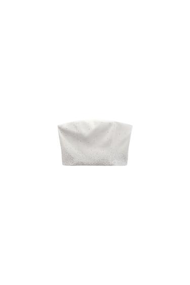 SATIN STRAPLESS TOP WITH RHINESTONES