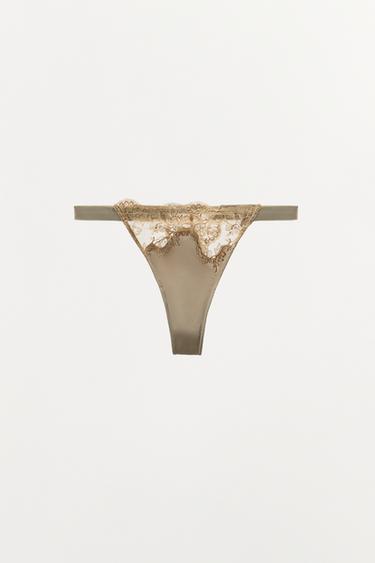 SATIN-TANGA MIT STICKEREI - Nerzfarben von Zara