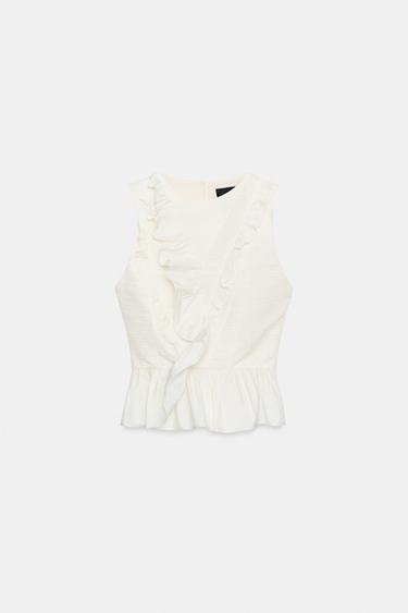 Zara DRAPED RUFFLE TOP - Ecru