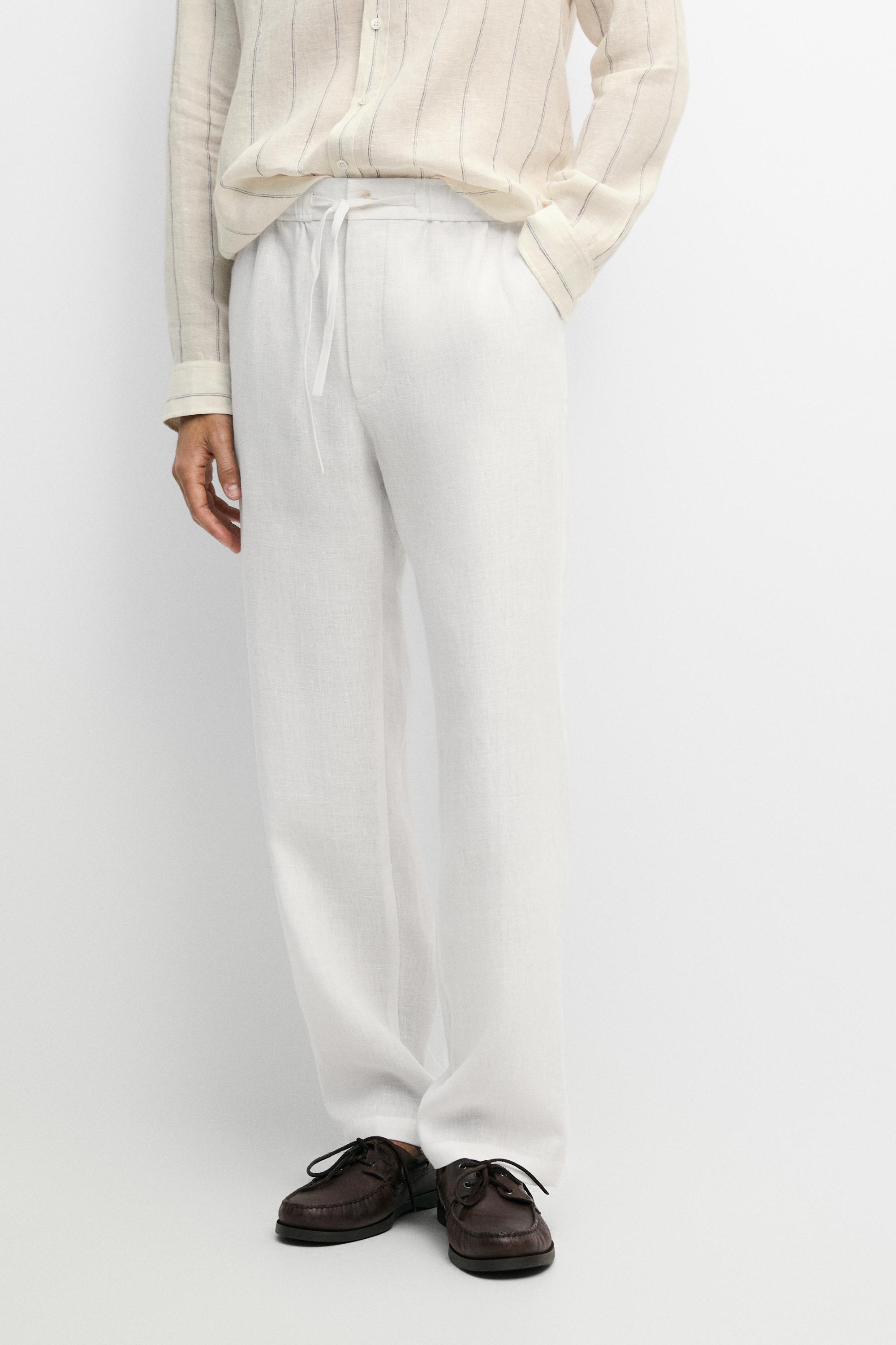 100% linen jogger fit pants — White