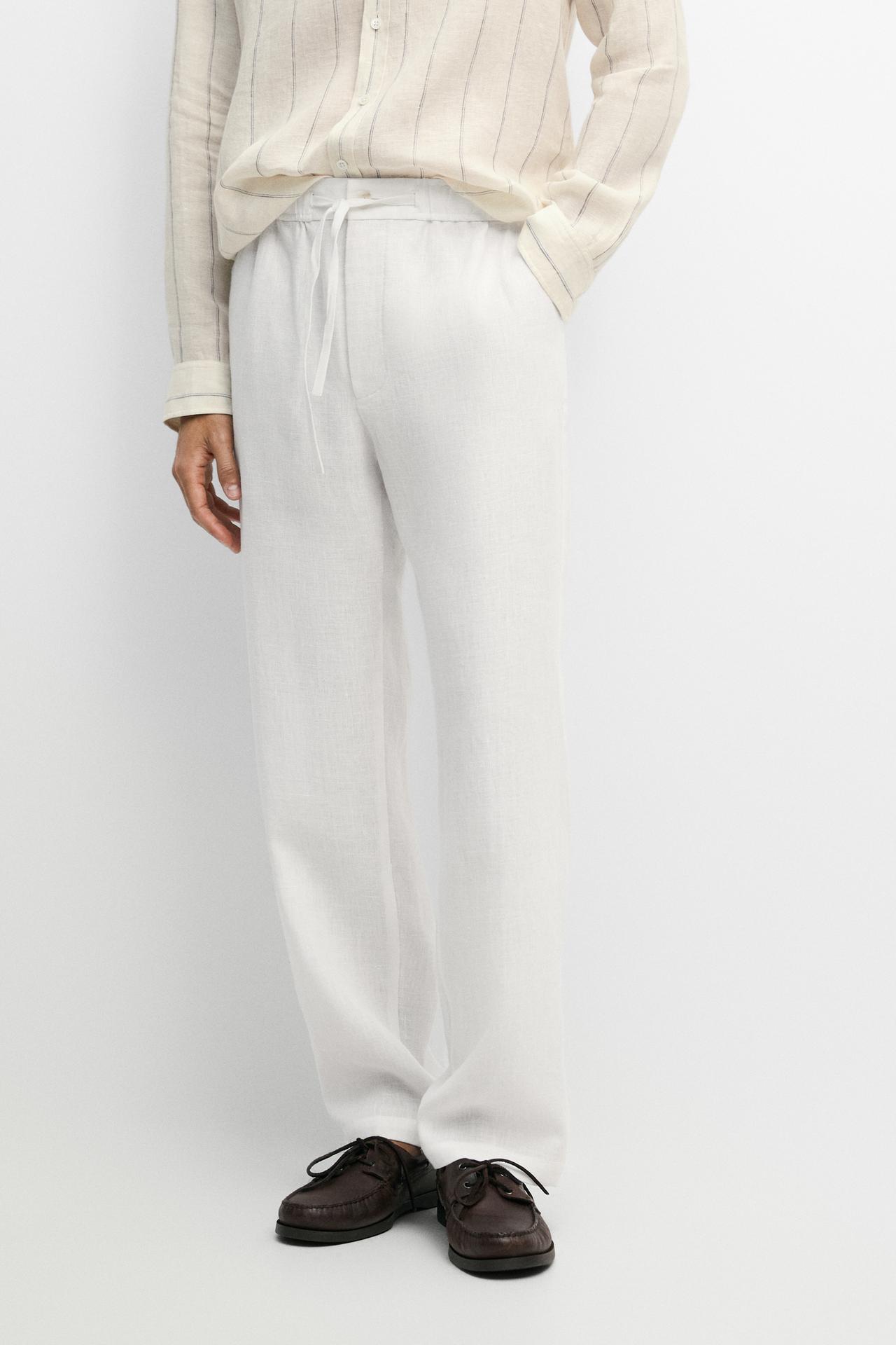 100% linen jogger fit pants — White