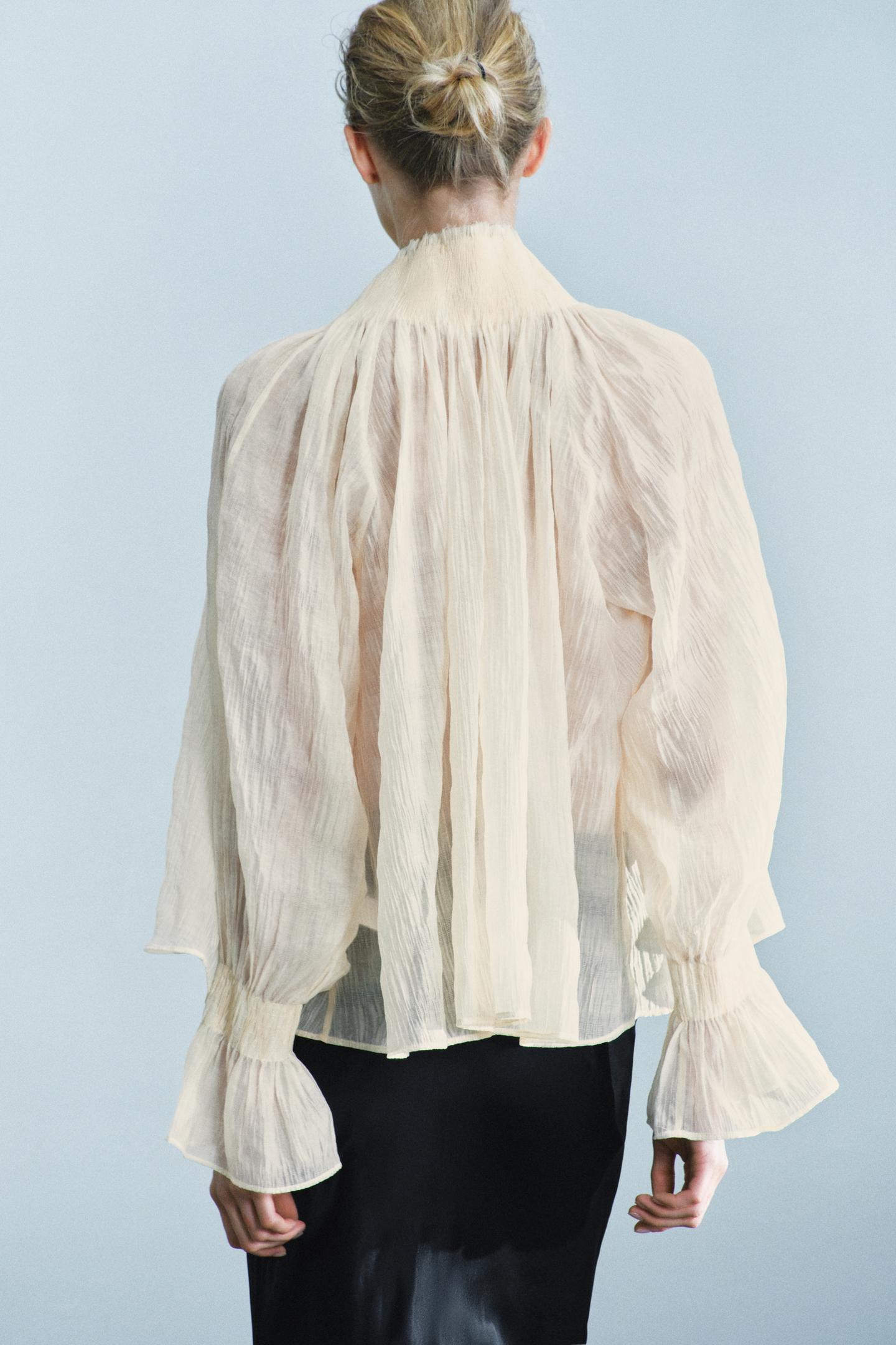 Женская блузка Zara ZW Collection Lyocell-Blend Ruched Blouse, цвет: Экрю — фото 4