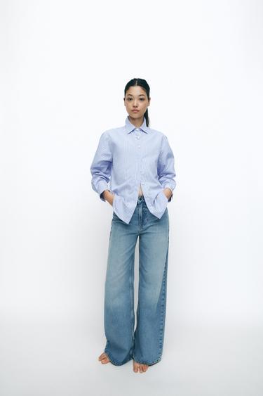 CAMISA POPELÍN RAYAS BOTÓN COMBINADO - Azul claro de Zara - Imagen 0